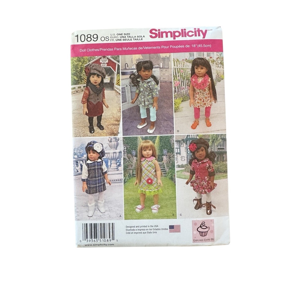 Simplicity 1089 18 Inch Doll Clothes Sewing Pattern Cupcake Club Outfits OS